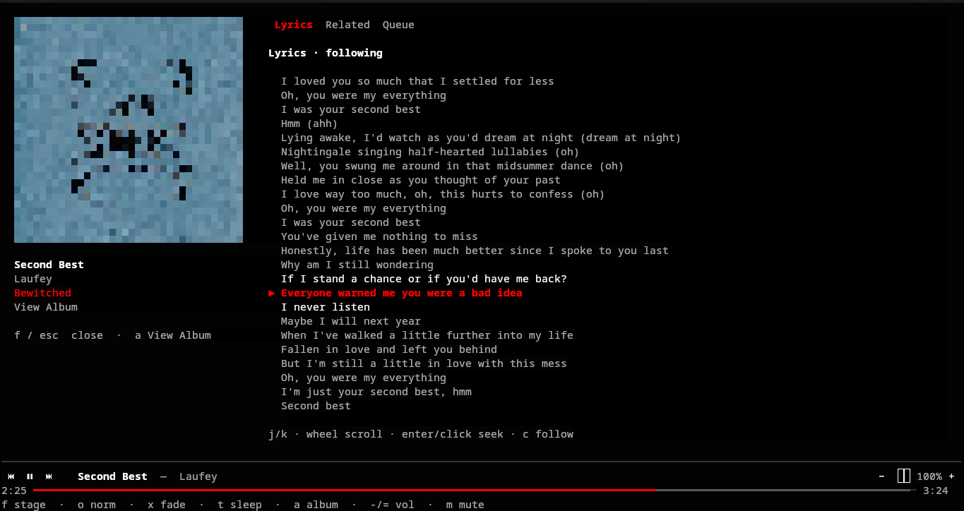 Screenshot of the fullscreen ‘Now Playing’ stage with synced lyrics